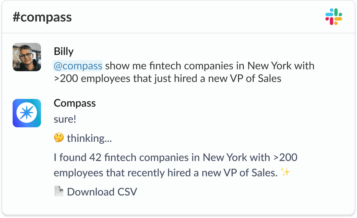 compass slack message showing prospecting data